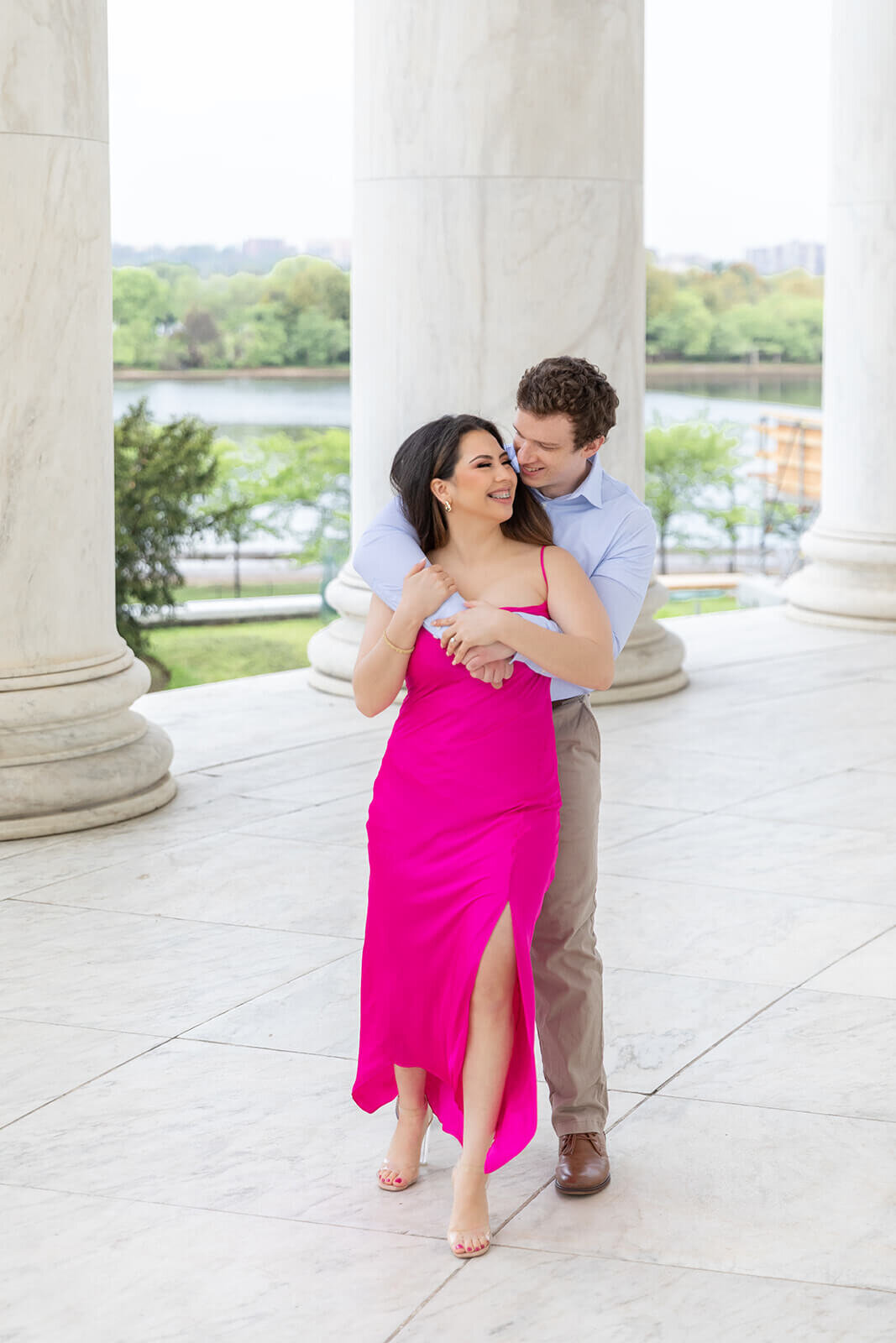 engagement session in hot pink dress