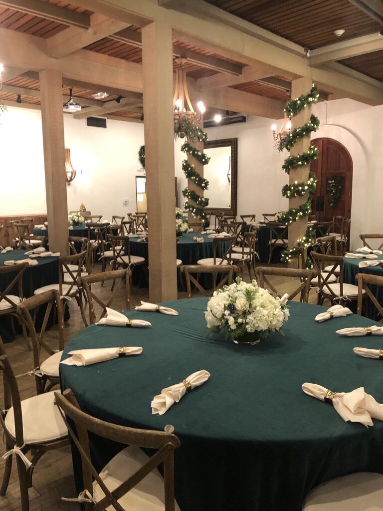 emerald green, white flowers, winery, garlands