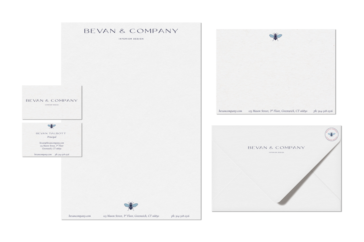 Bevan & Company Interior Design Stationary flat lay mockup featuring business card front and back, letterhead, postcard and envelop