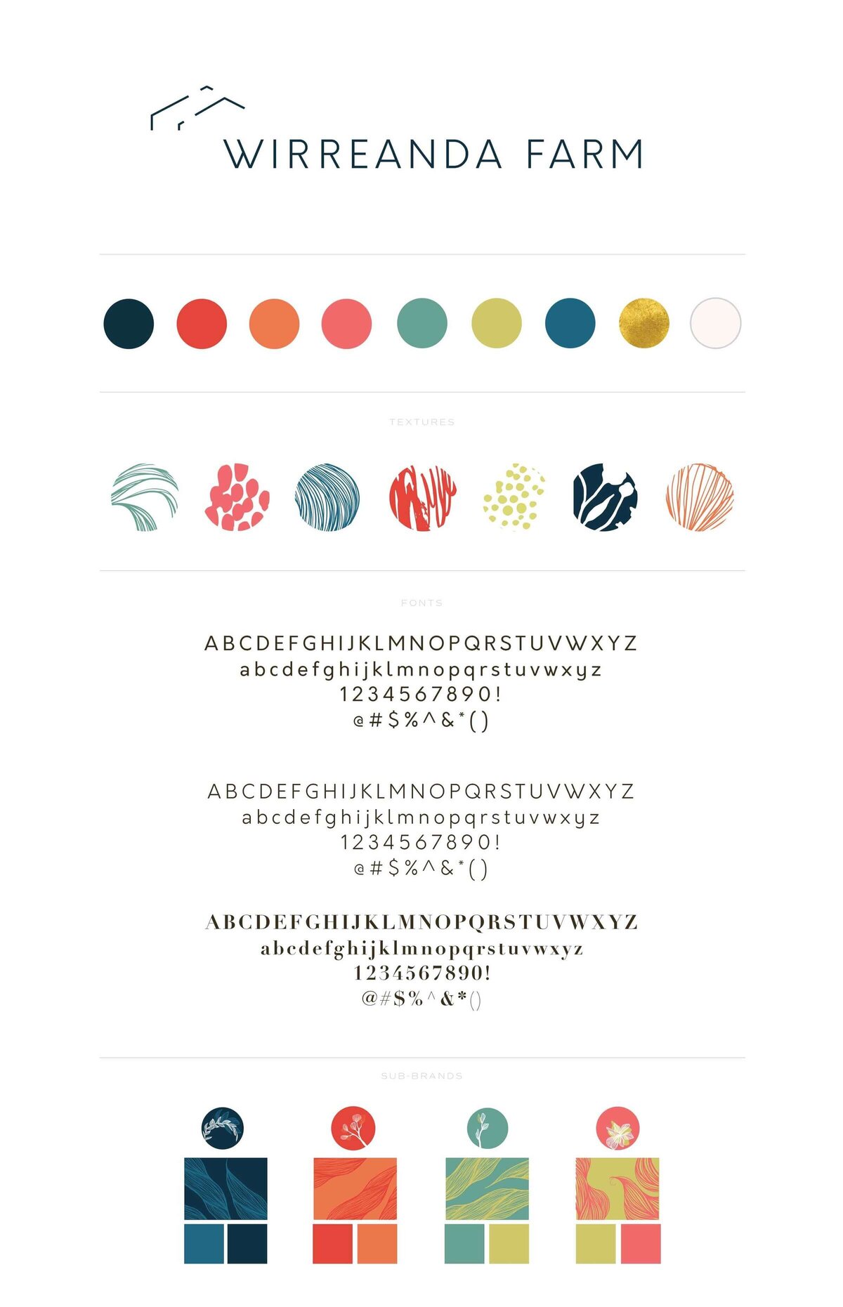 Wirreanda Farm brand gudielines, bright and colourful colour palette abstract textures and minimalist fonts