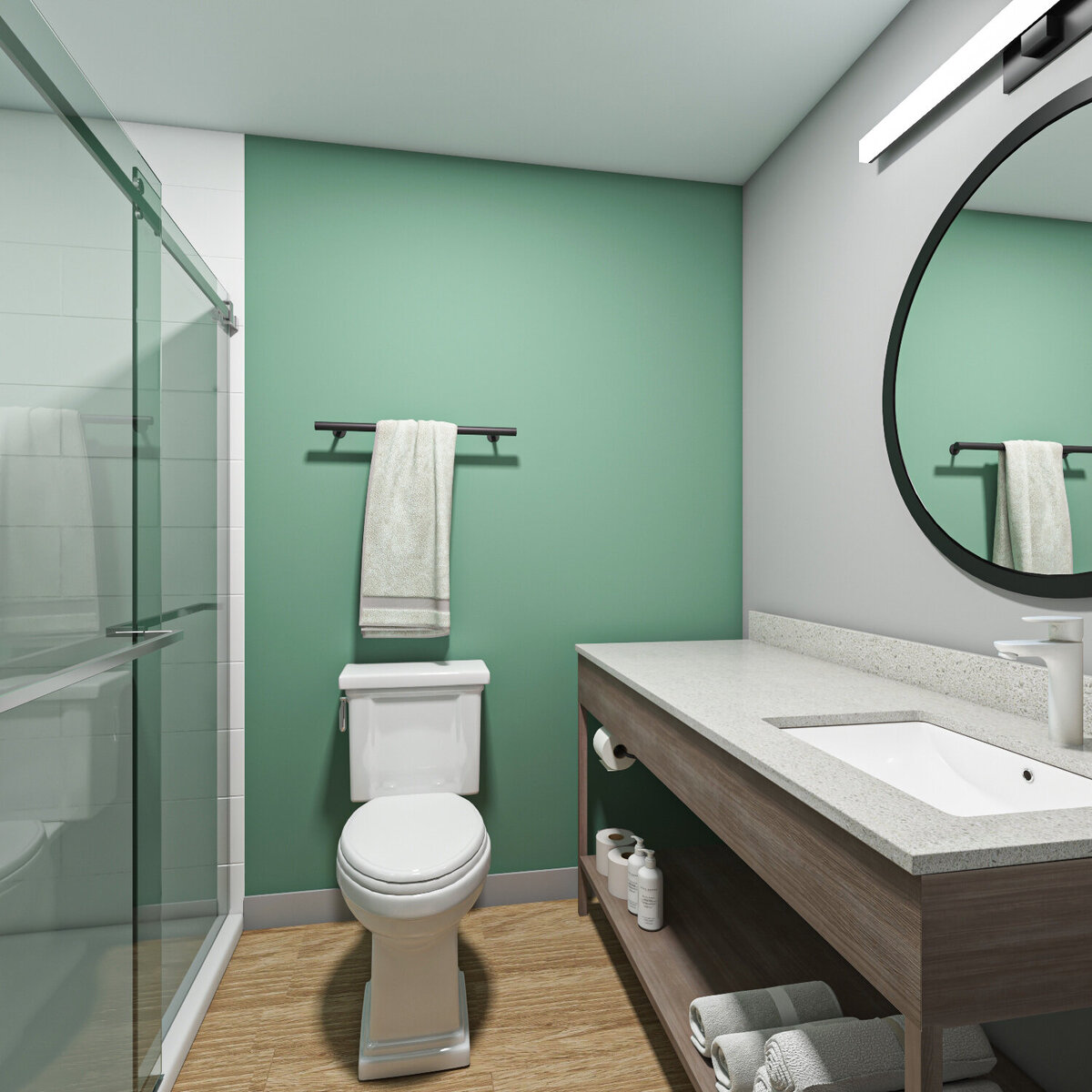 3D rendering of Echo Suites by Wyndham hotel guest bathroom