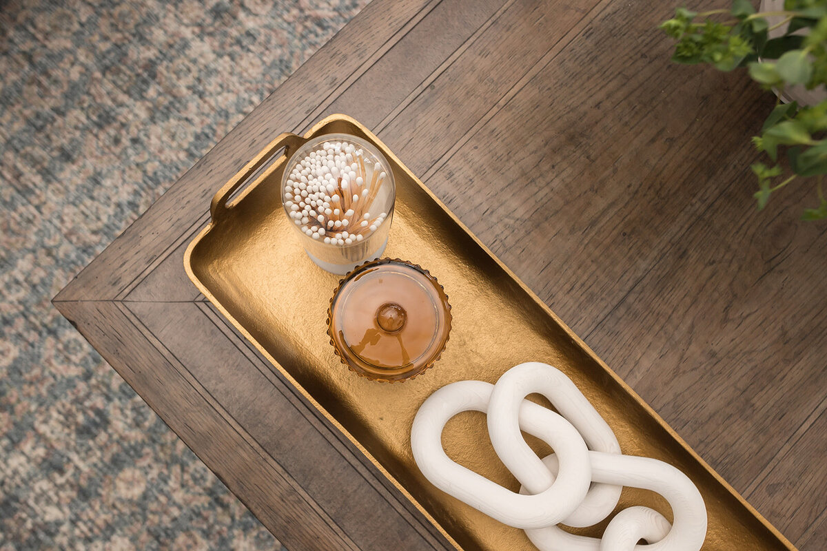 melinda chesson interiors boston gold tray with white accent links