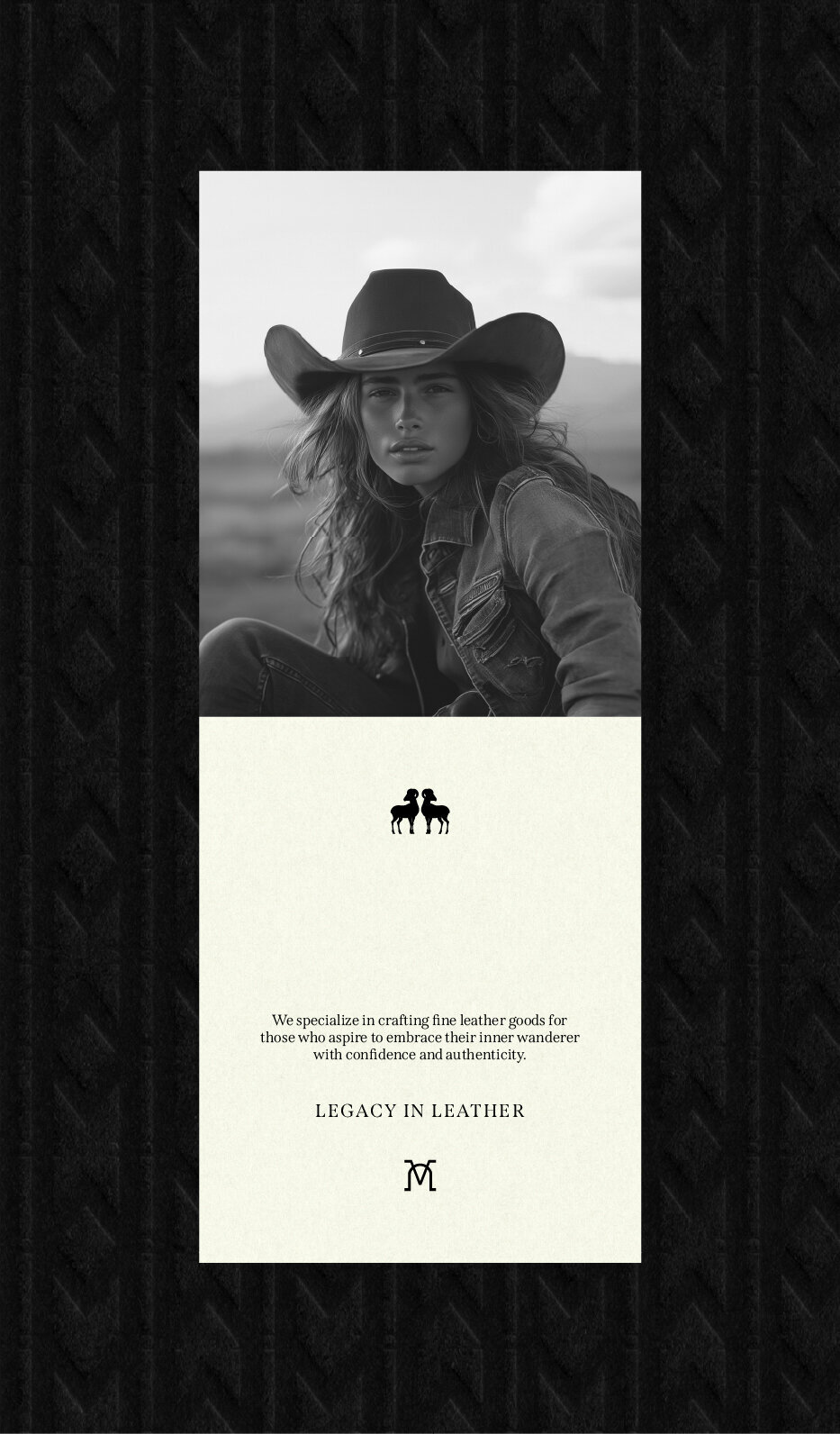 Western-inspired brand identity for fine leather goods featuring female model in cowboy hat and brand message on thank you note.