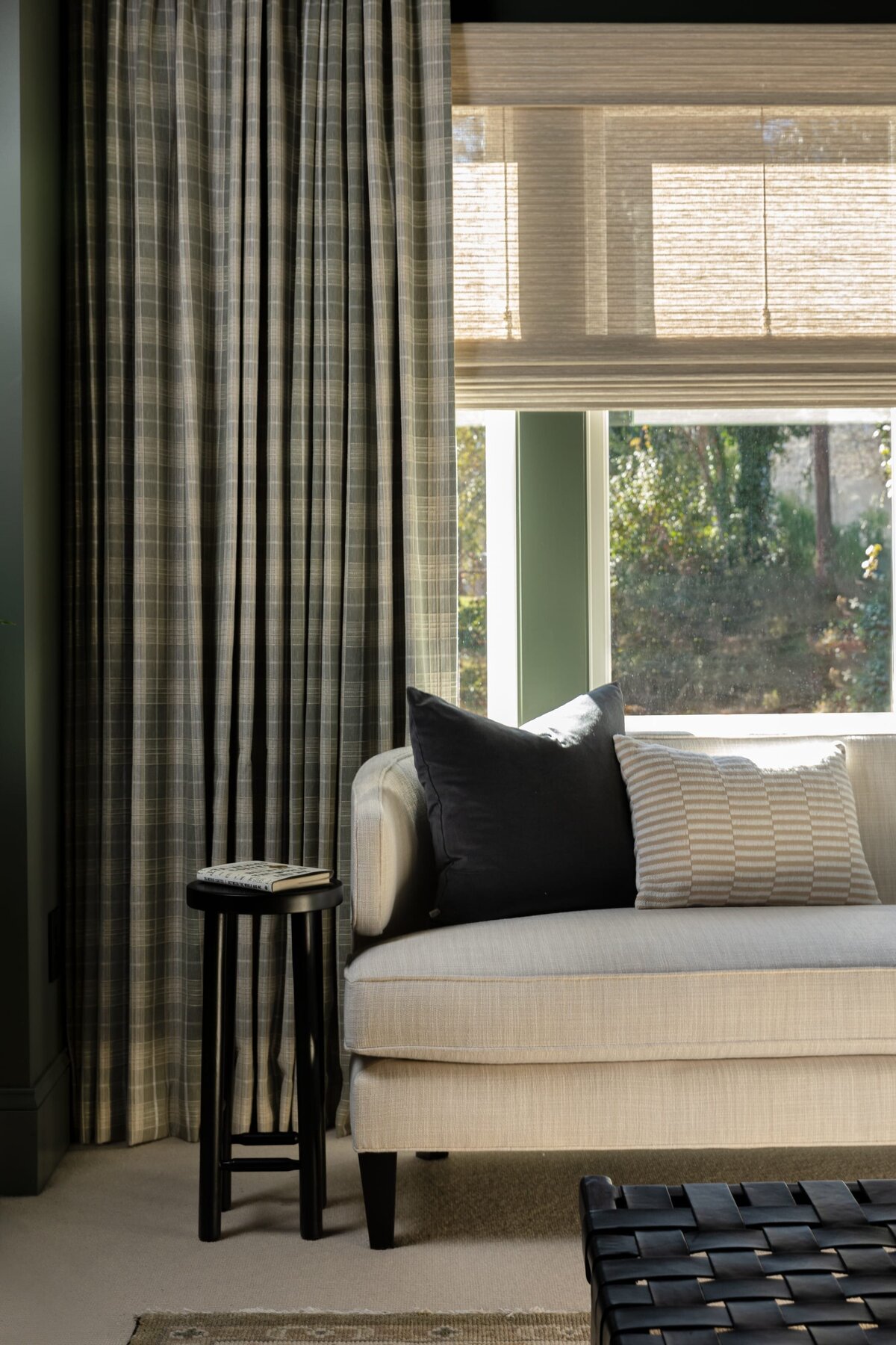 melinda chesson interiors murrayhill road neutral window seat plaid curtains woven bench