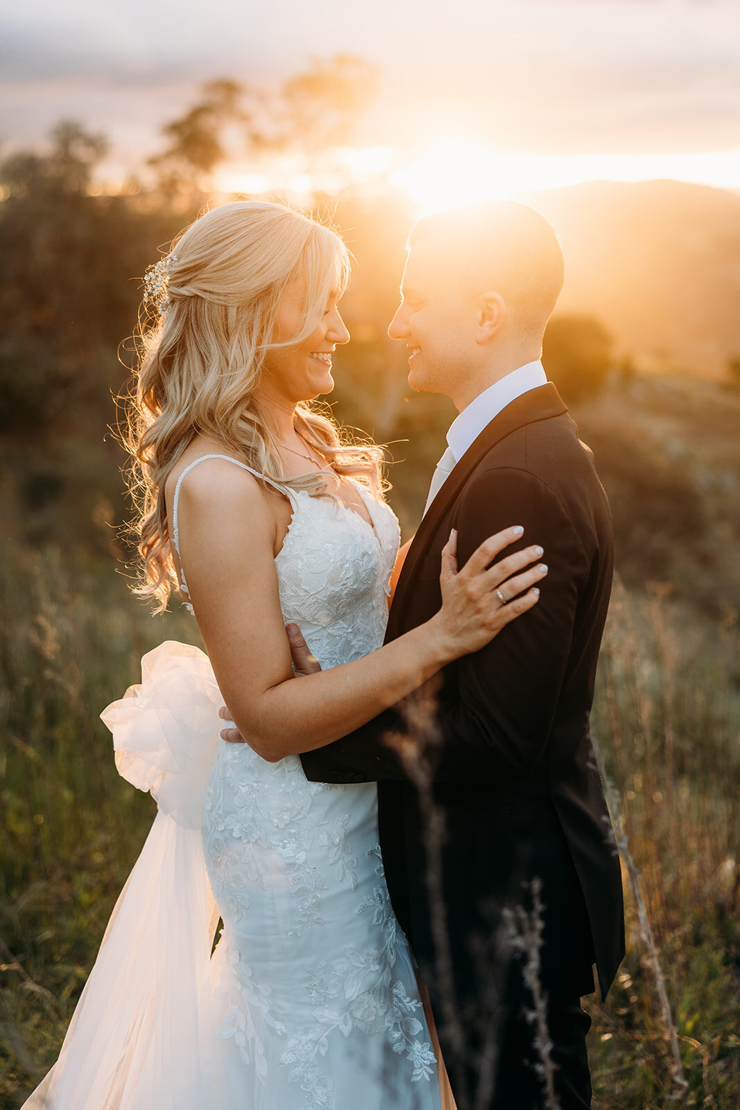 Close up photo of bride and groom during a sunset wedding photo session at Brindabella Hills Winery near Canberra ACT