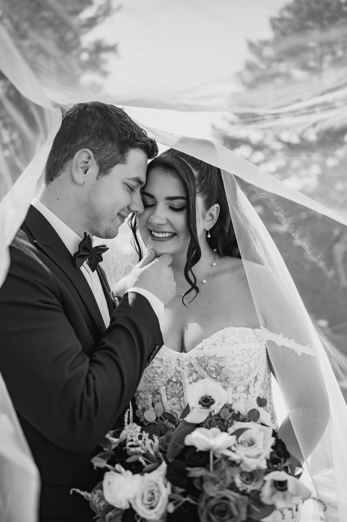 Bride and groom portrait under veil