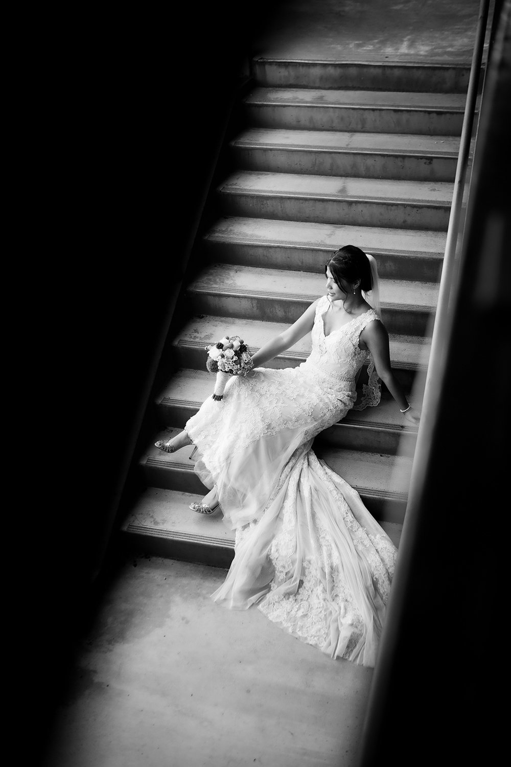 Balboa Park wedding photos bride on stairs