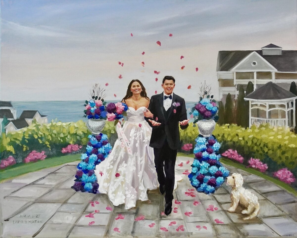 live wedding painting of bride and groom after ceremony at Water's Edge Westbrook CT