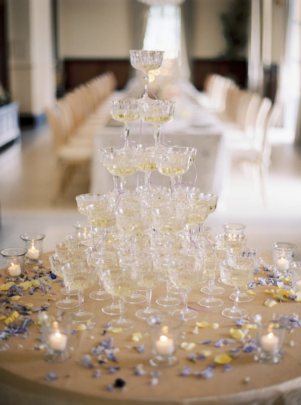 A wedding day photo of the champagne tower at the wedding venue Villa Aura del Lago