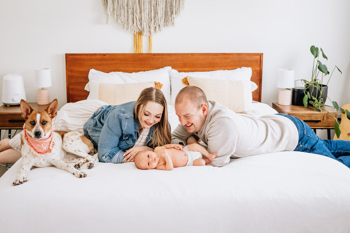 A couple lies on a bed with their newborn baby in the center, smiling down at the baby. The family dog, wearing a bandana, sits near the mother’s side, completing the cozy scene.