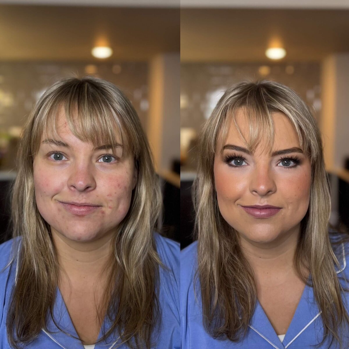 an amazing before and after of a woman who had her makeup professionally applied by a studio in Oshkosh Wi
