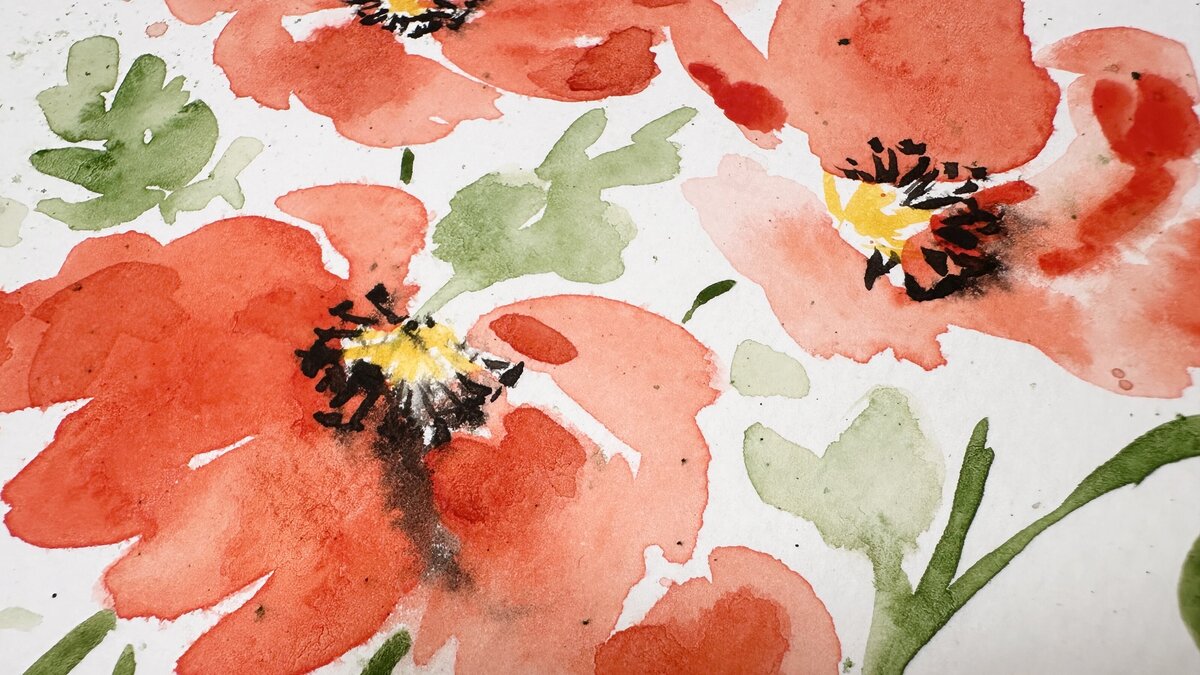 Red and green watercolor poppy painting with lots of details