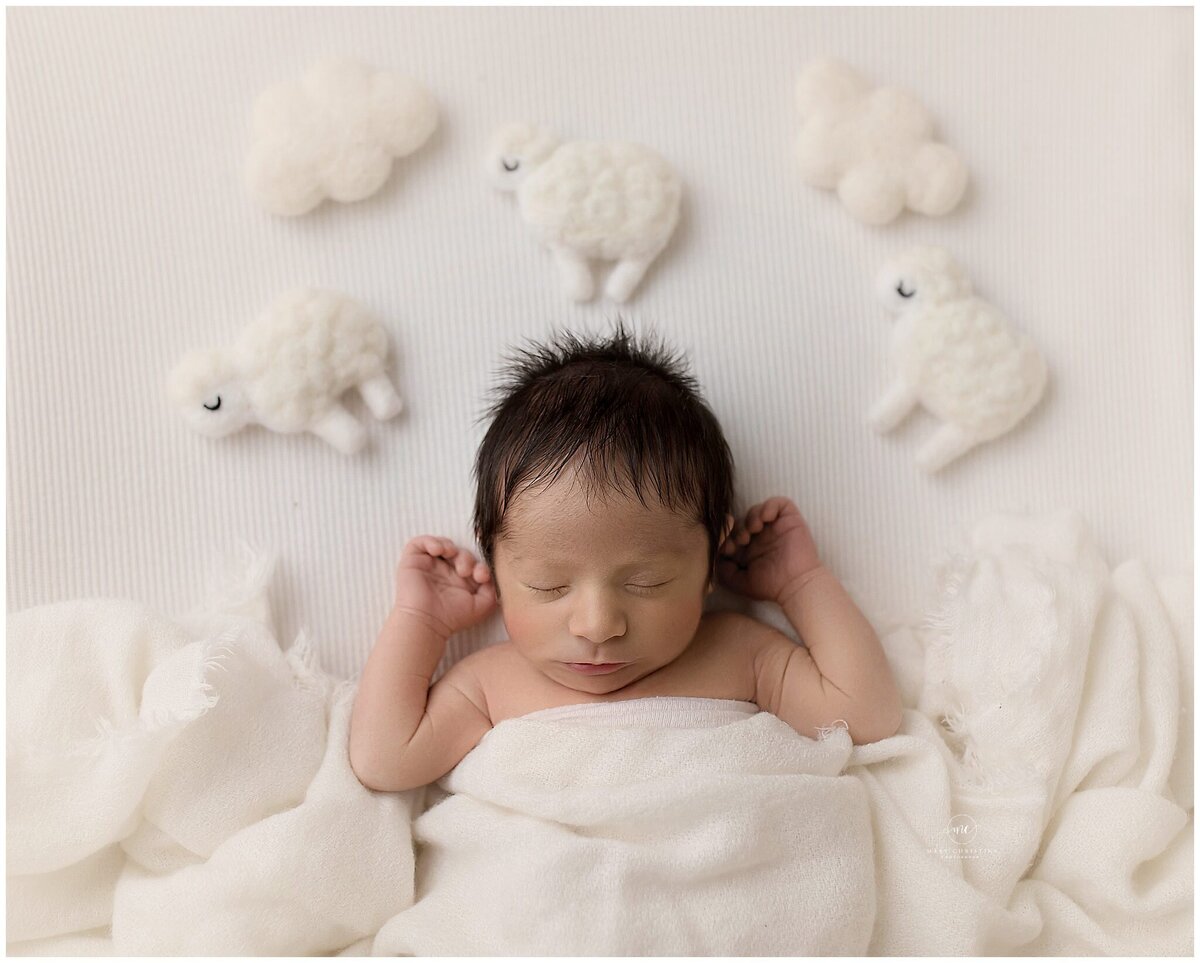 A medina newborn baby sleeping surrounded by sheep