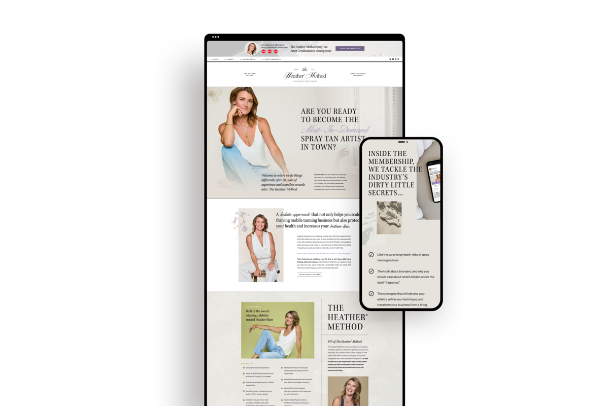 Homepage design layout for spray tan artist website and mobile view