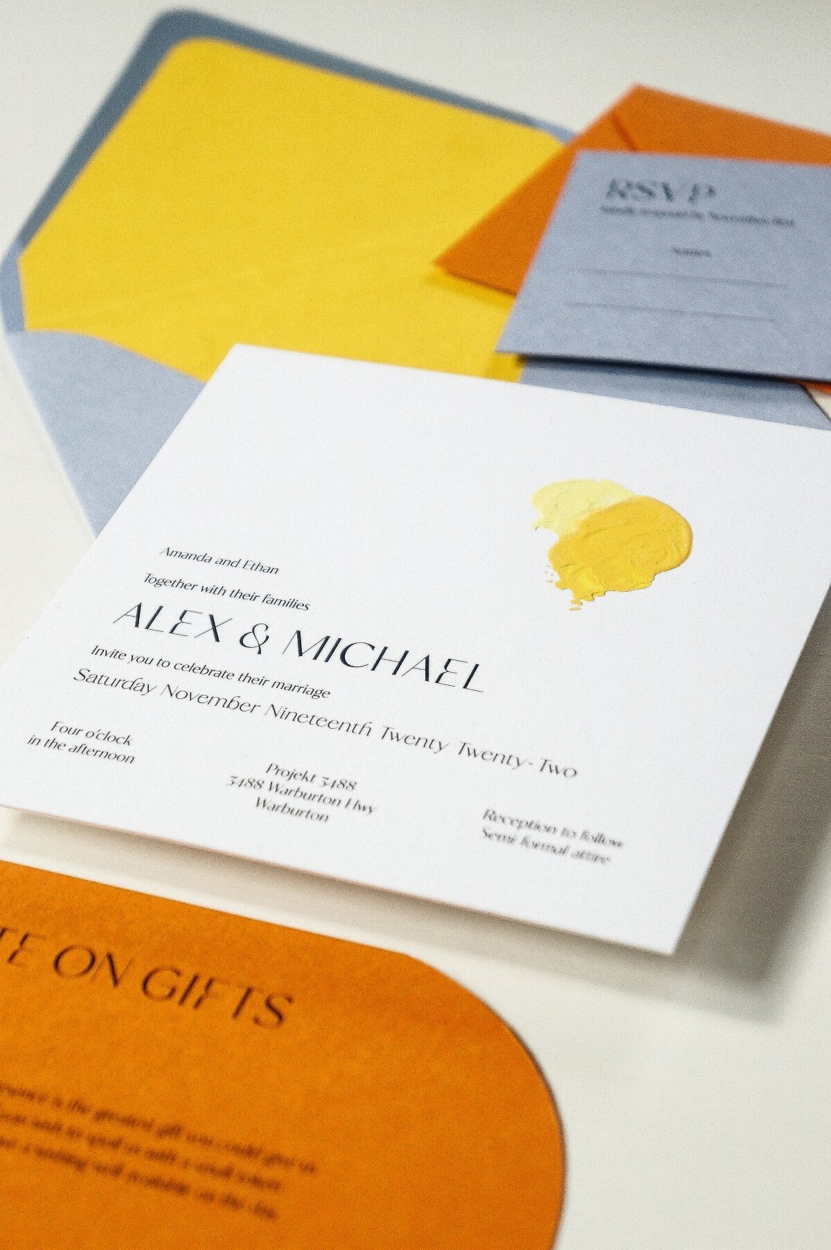 Bright-yellow-painted-wedding-invitations