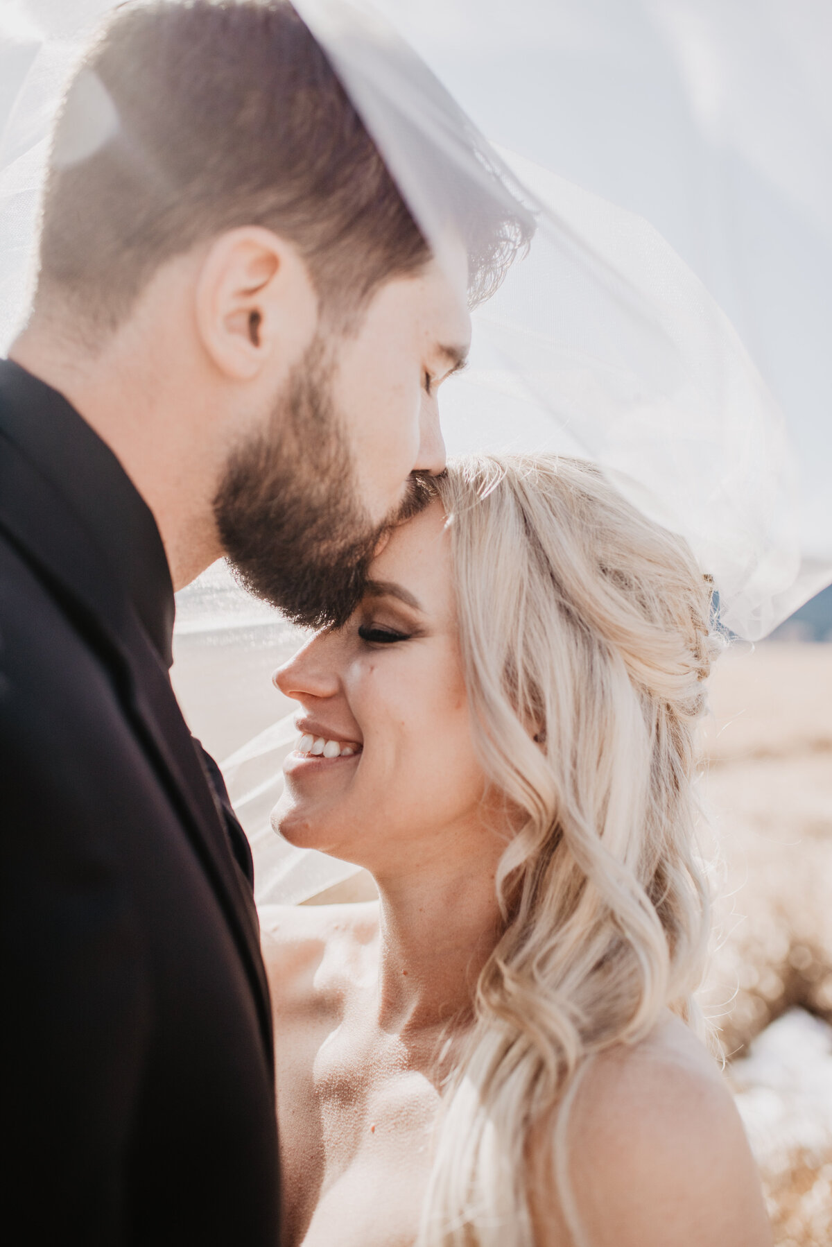 Jackson Hole Photographers capture groom kissing bride's forehead under veil