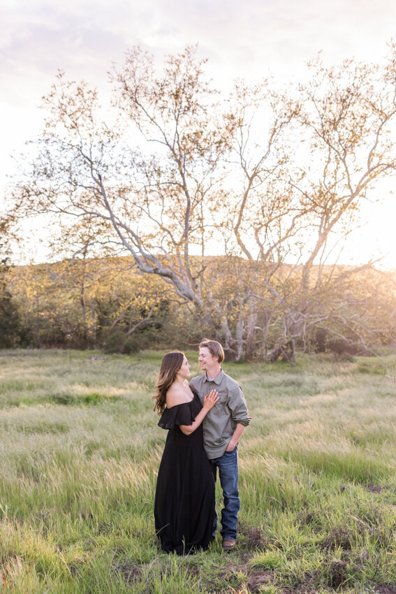 engaged-couple-in-field-at-sunset