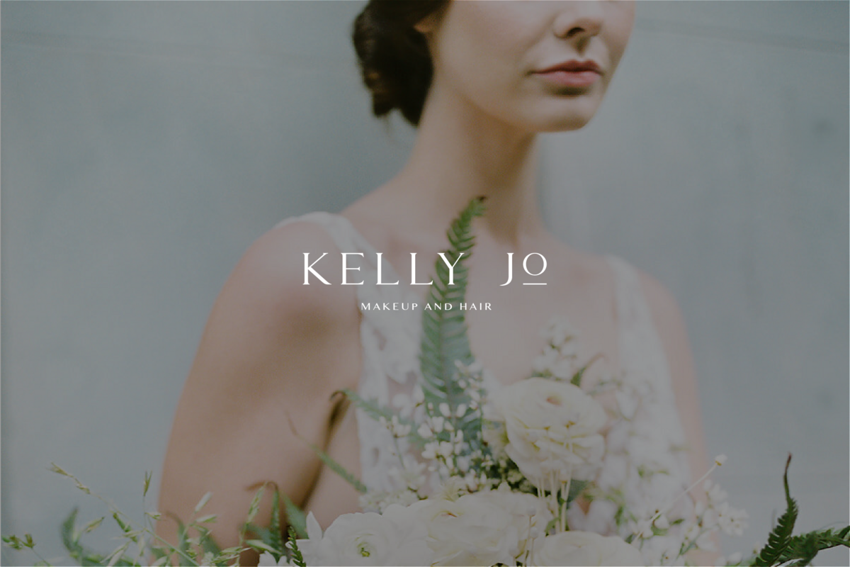 Brand logo in white lettering with model holding a flower bouquet on the background.