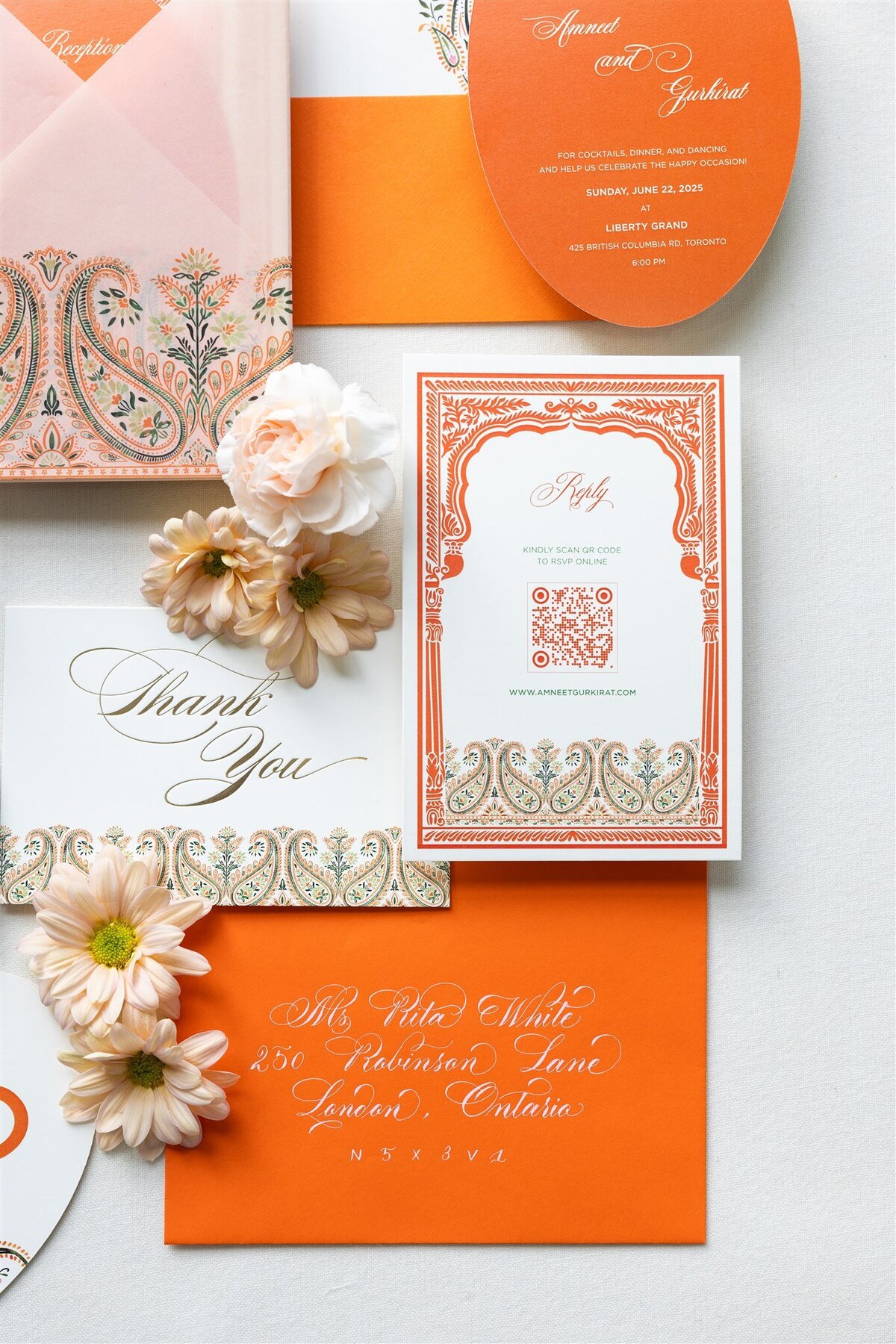 Orange paisley Indian wedding invitation 8