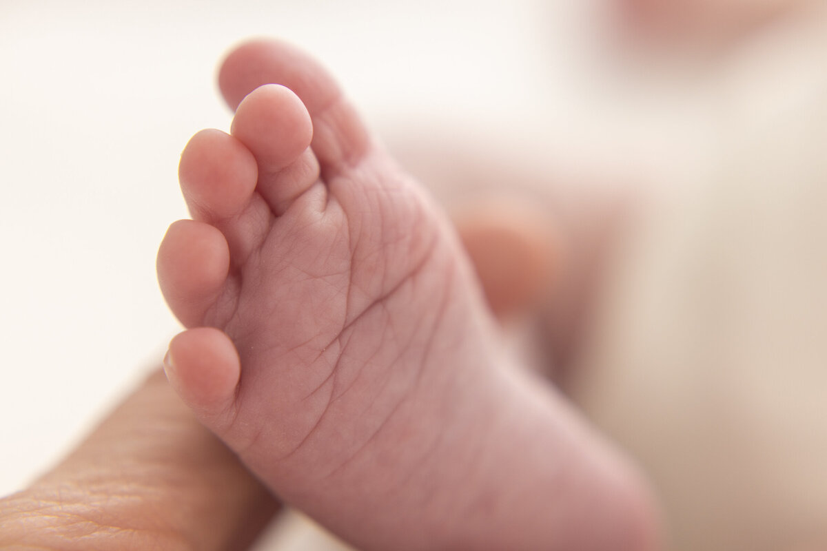 Detaljbilde av en babys fot; undersiden. Fotografert i Studio Landmark, Fyllingsdalen.