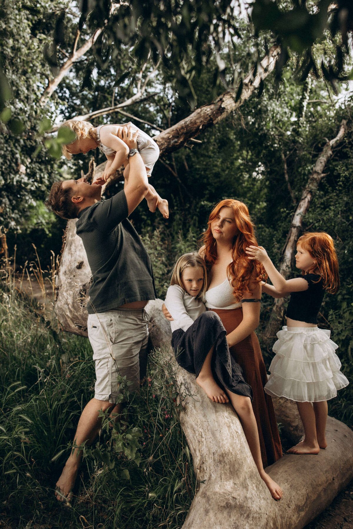 family of five sitting on a tree