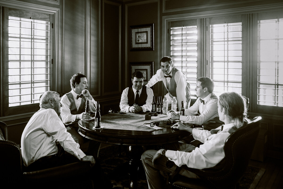 Highlands Ranch Mansion wedding groom and groomsmen hang out before the big event