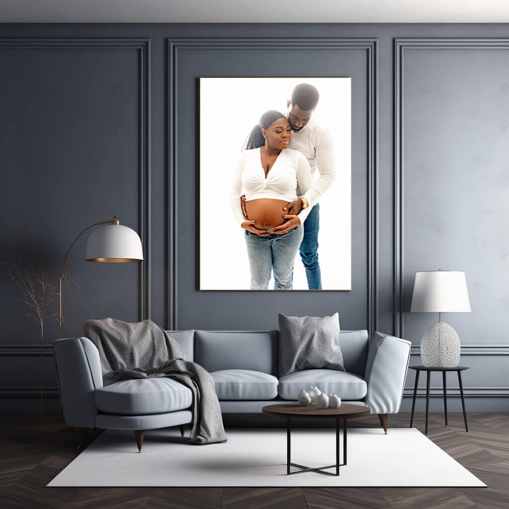 Maternity photography wall art with couple.