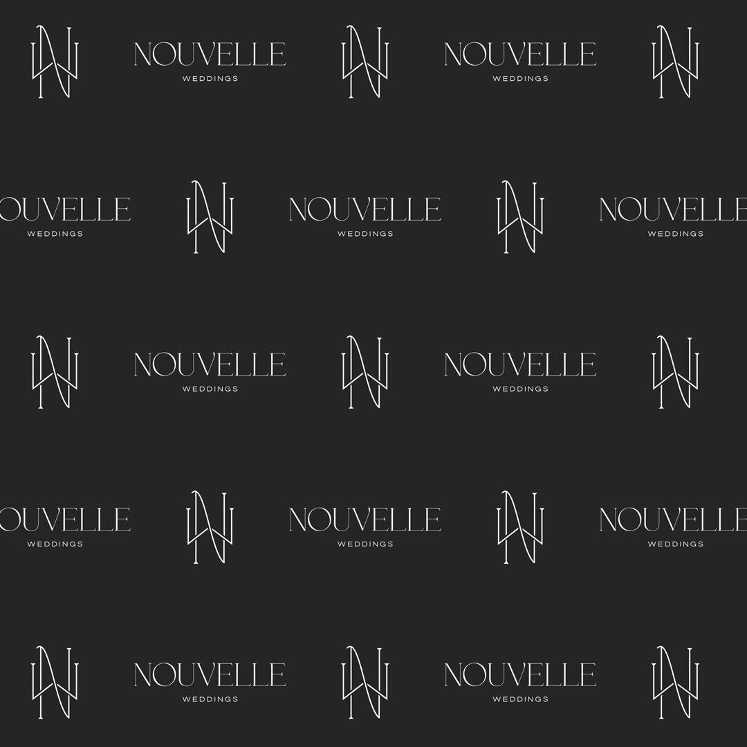 Black and white branded pattern featuring Nouvelle Weddings' emblem