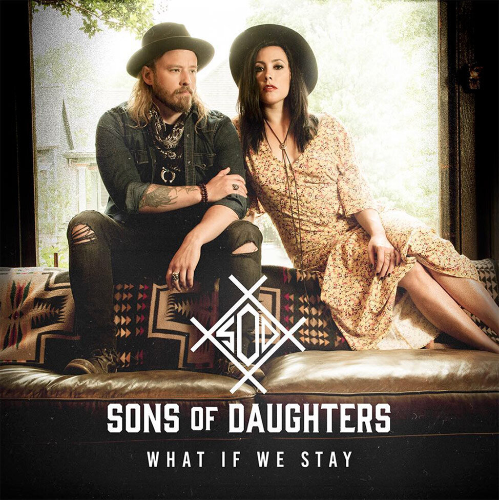 Single Cover Country Duo Sons of Daughters Title What If We Stay Duo seated by door of barn