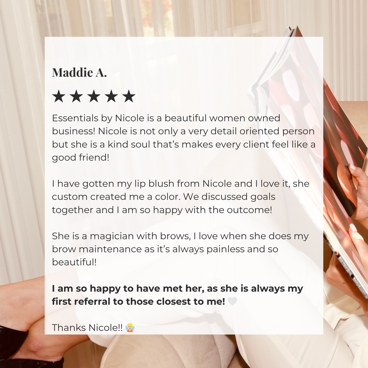 5-star review highlighting natural lip blush results, enhanced shape, and a painless, professional experience