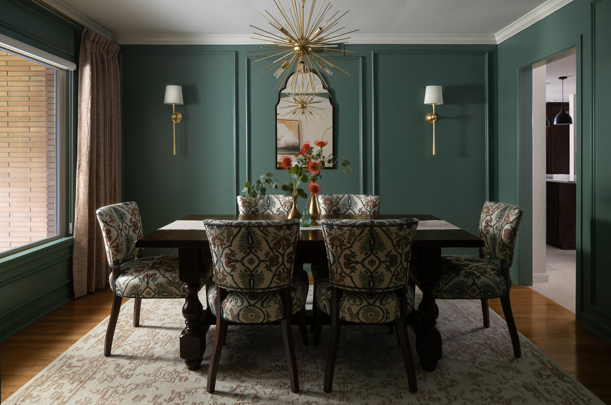 dusti j design green dining room with light fixture