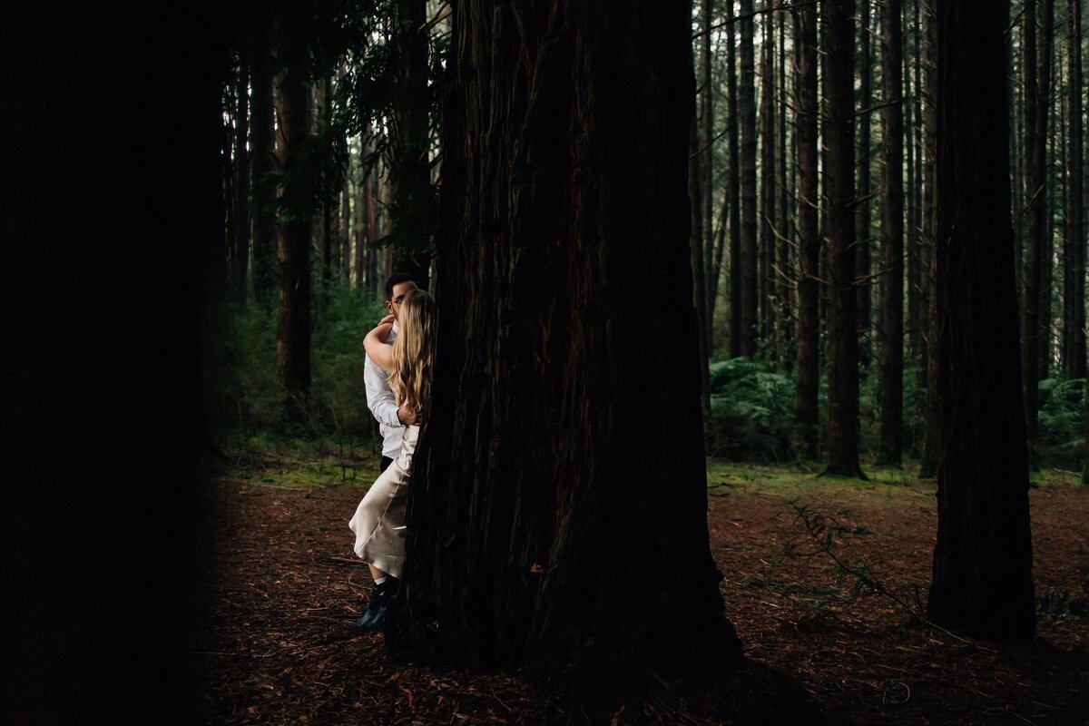Engagement photoshoot image of couple kissing behind Redwood tree in Warburton, And So I Don't Forget Photography