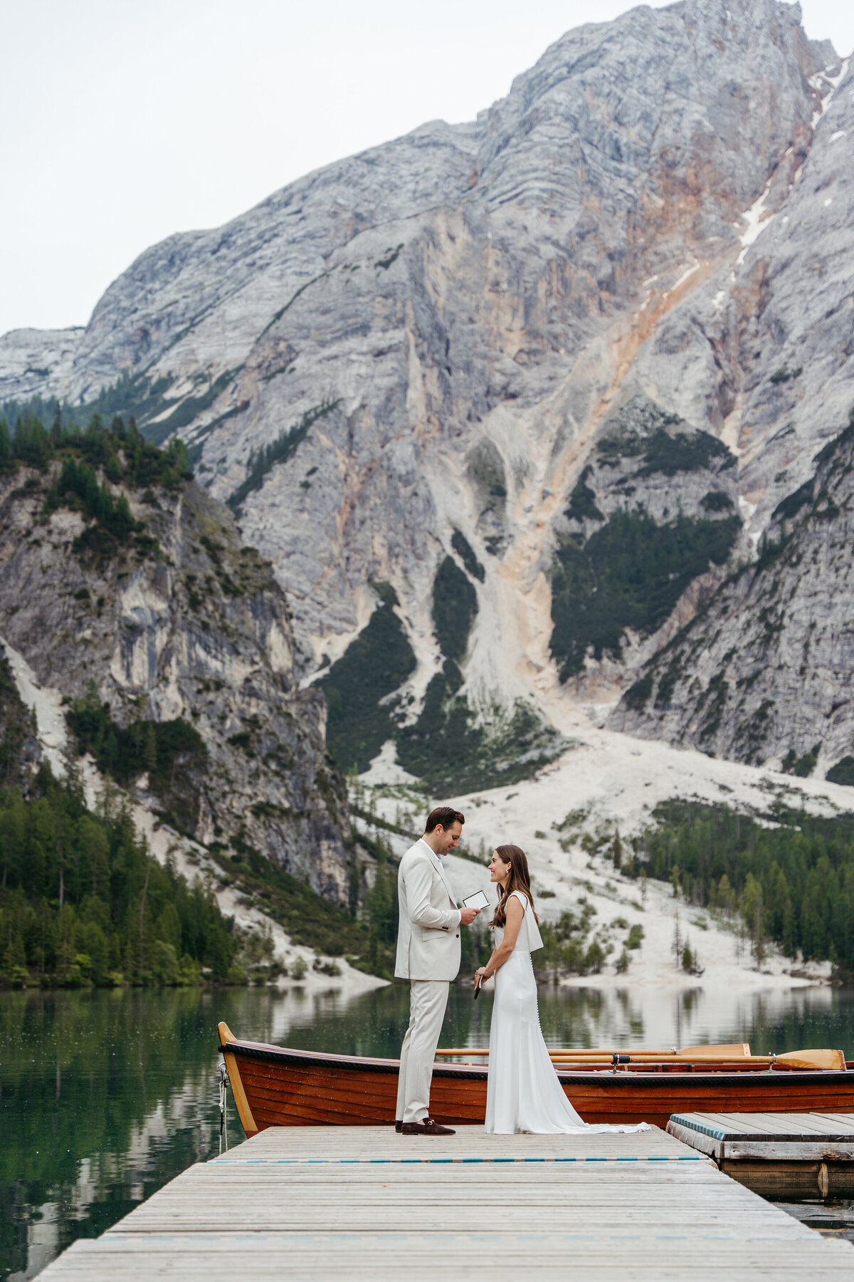 sweet couple romantic dolomites lake Braies elopement