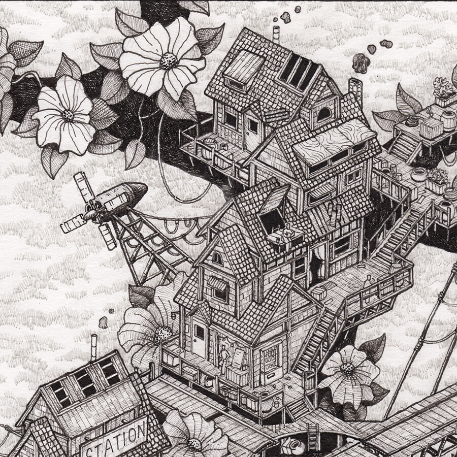 Close up of buildings sprawling up a treebranch with a wind turbine. Pen and ink illustration. Whimsical.