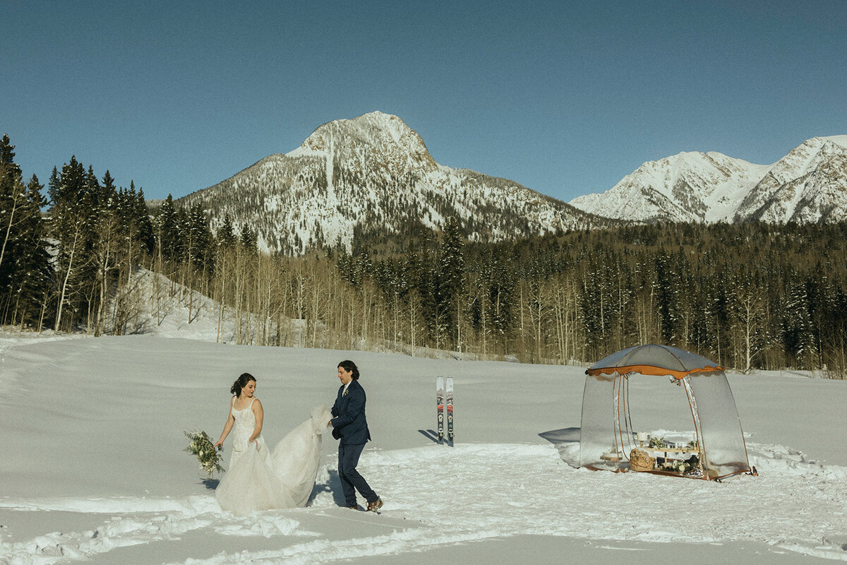 bride and groom with snow and mountains