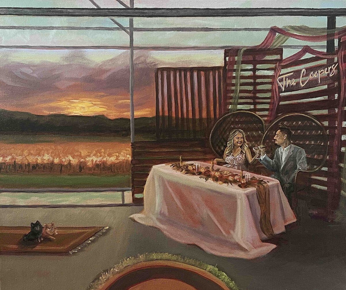 Bride and groom sitting at their wedding dinner with a sunset outside
