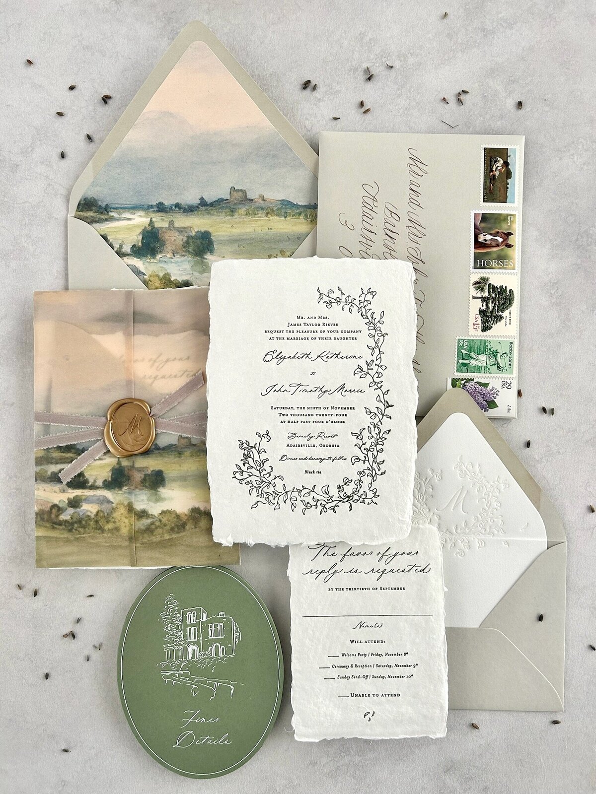 Custom letterpress invitation suite with ribbon, vintage postage and handmade paper by Lindsey Ellen Paper Co. for a wedding at Barnsley Resort
