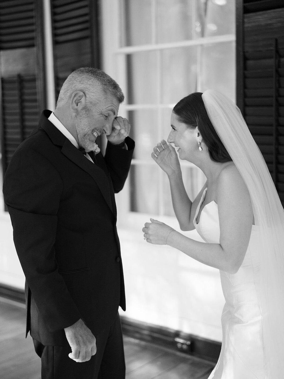 black and white image father of the bride with bride
