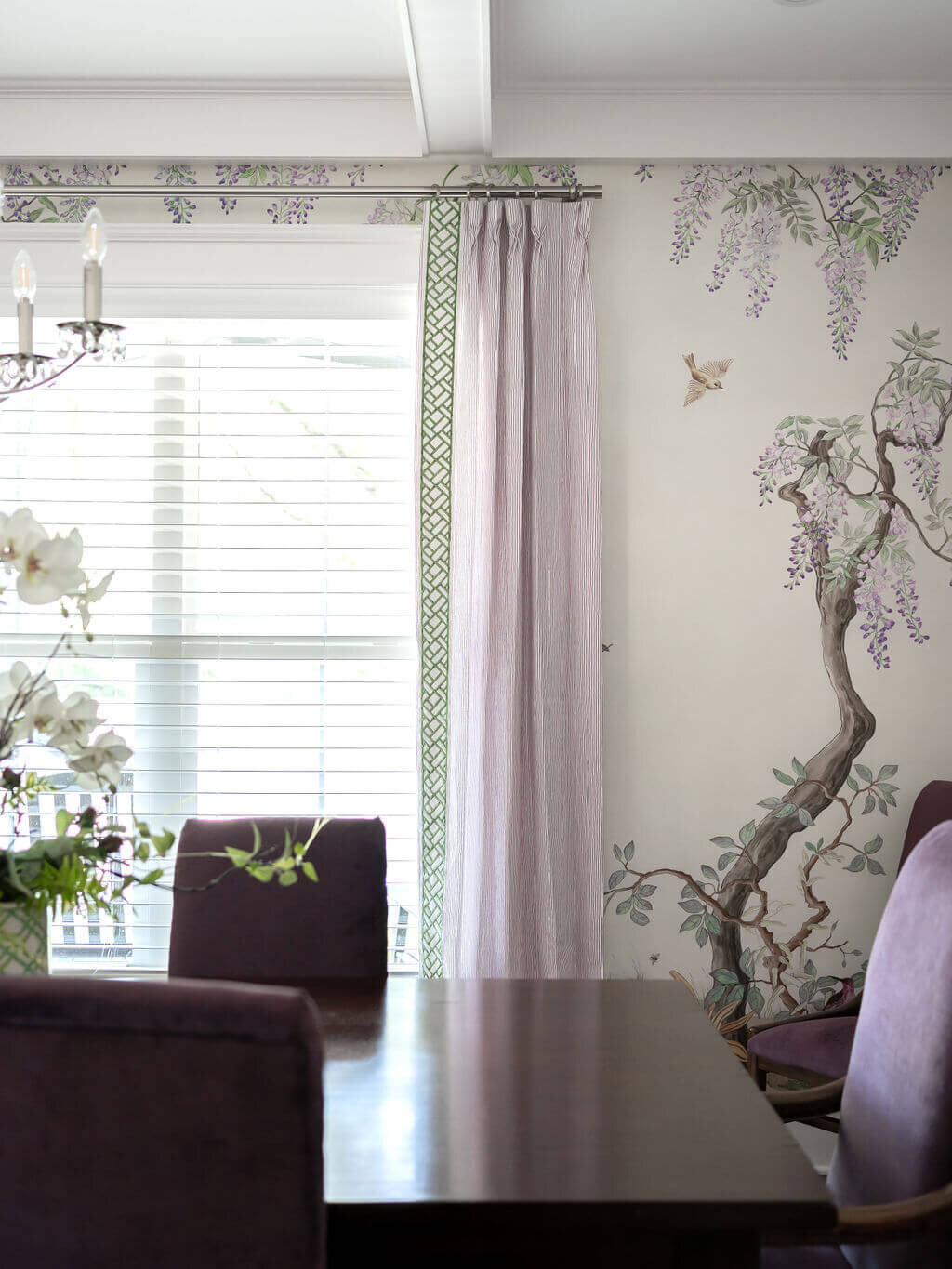 sweet southern home craftsman cutie purple chairs around dining room table in dining room with lavender pattern wallpaper
