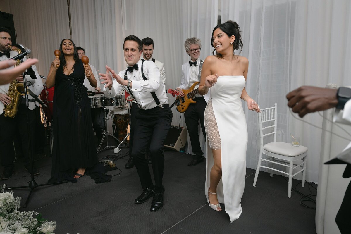 Guests enjoy the dance floor during wedding at Belle Mer Newport.
