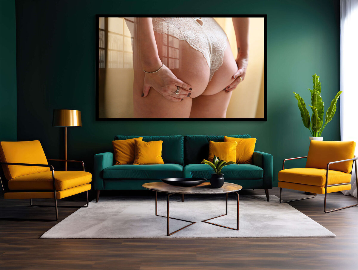 Woman holding her butt up in a yellow and grey room