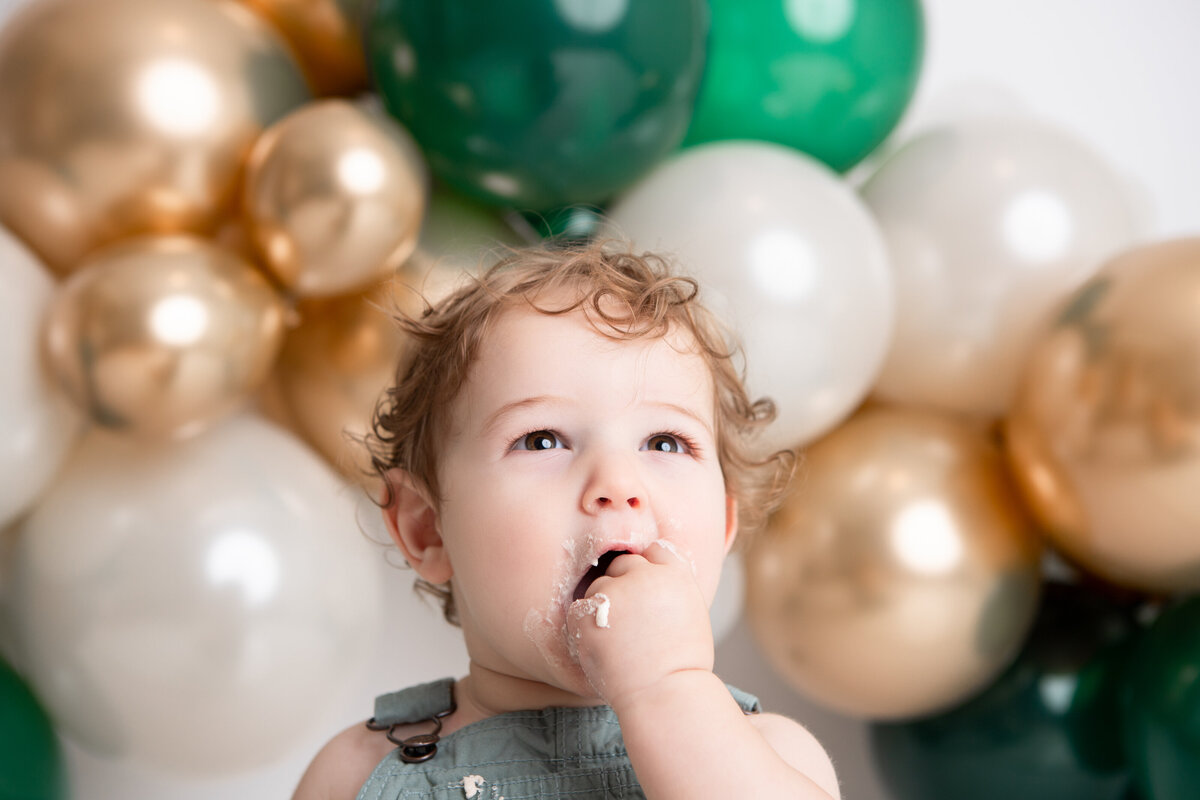 Edmonton baby boy first birthday cake smash green gold white balloon garland