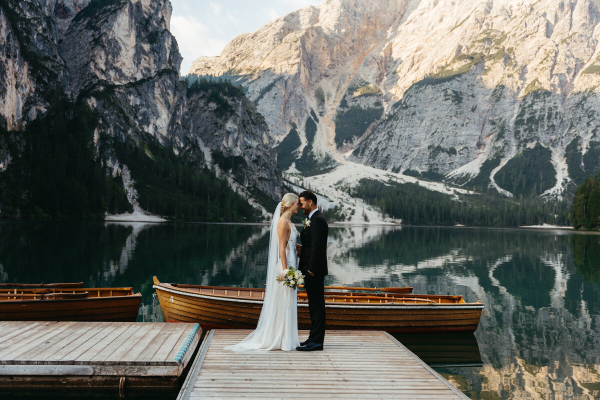 Scenic view of Lago di Braies docks surrounded by mountains
