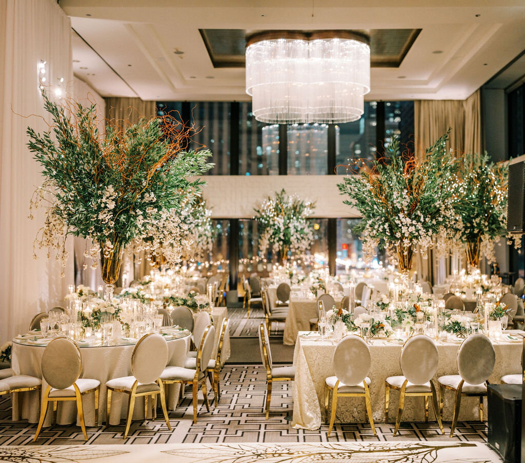 A picture of the reception hall decorated at The Langham Chicago. 