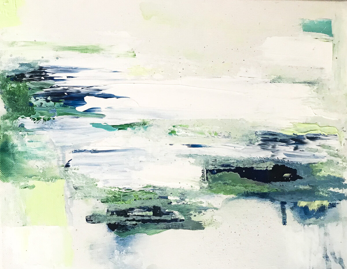 blue, green, white, textured abstract painting