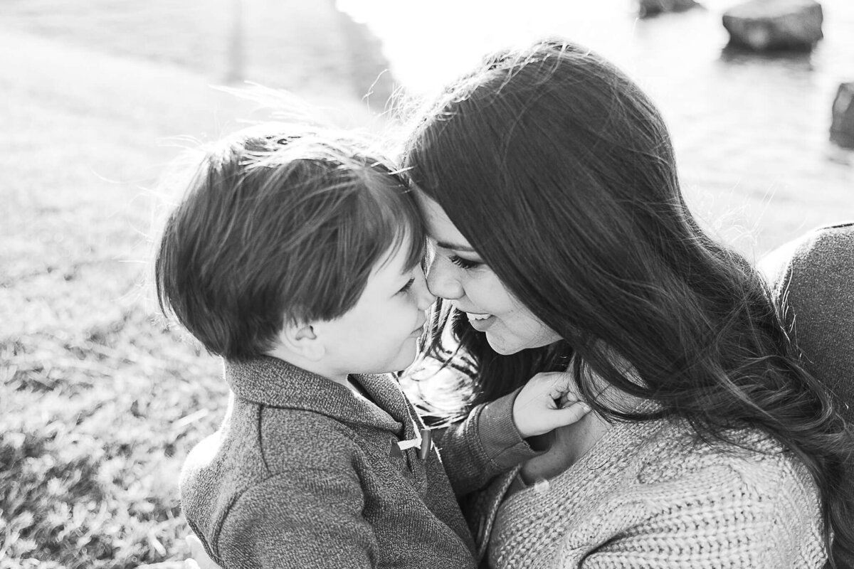 Black and white photo of mom and son