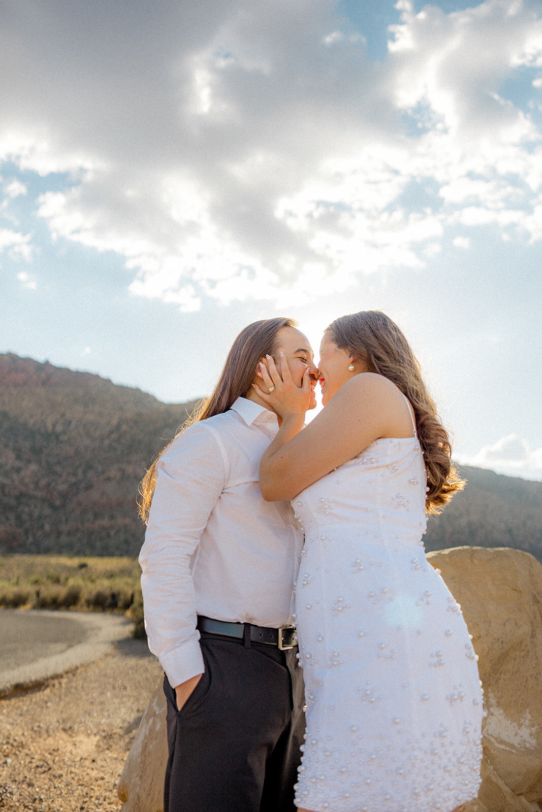 Close up of engaged couple kissing in Nevada