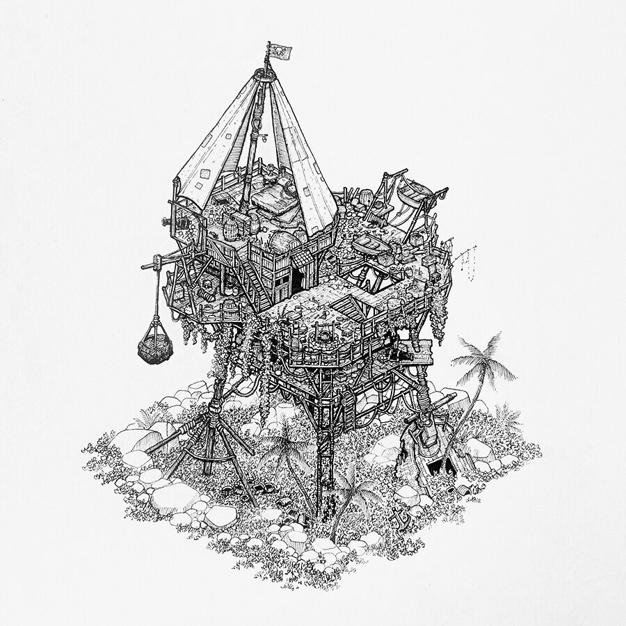 Illustration of a pirate stilt-treehouse