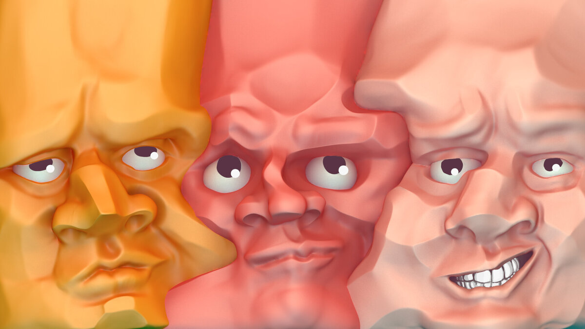 tayne wyatt 3D illustration featuring three unique faces, created in ZBrush, showcasing detailed motion design elements. Perfect for creative work, 3D motion design projects, and freelance work in digital art and animation.