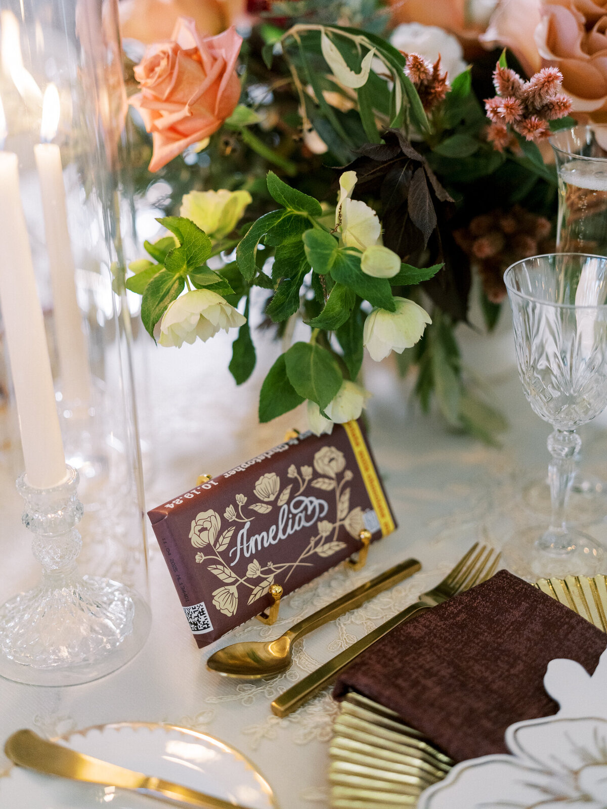 Custom chocolate bar wedding favor with elegant floral design and guest name—sweet, stylish, and totally personal.